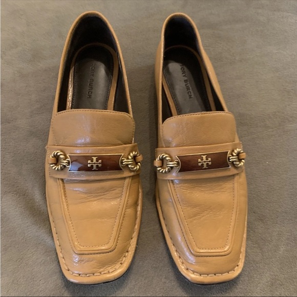 Tory Burch Perrine Loafer Pump with Logo Vamp Bit  6M Tan Square Toe Leather - Picture 2 of 11